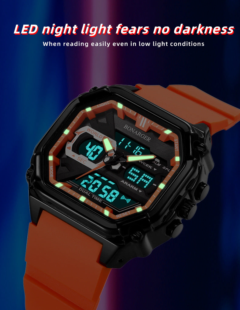 Black men's Hlpmedical digital analog dual display sports watch with waterproof design and dual time functionality.