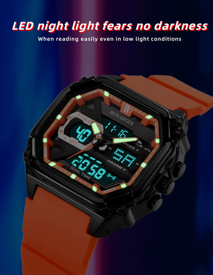 Black men's Hlpmedical digital analog dual display sports watch with waterproof design and dual time functionality.