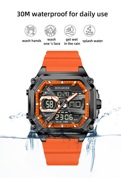 Black men's dual display watch by Hlpmedical showing digital and analog time, waterproof sports design, suitable for men's fashion.