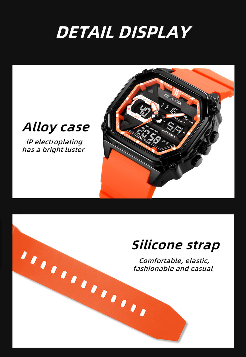 Black men's dual display watch by Hlpmedical showing digital and analog time, waterproof sports watch for men's fashion.