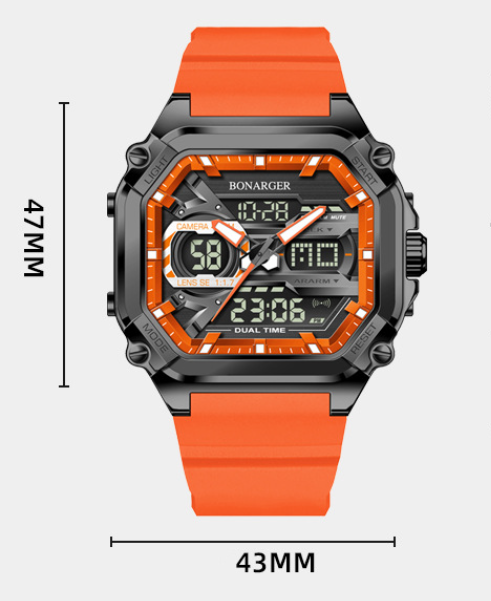 Black men's dual display sports watch by Hlpmedical showing digital and analog time, waterproof and suitable for active wear.