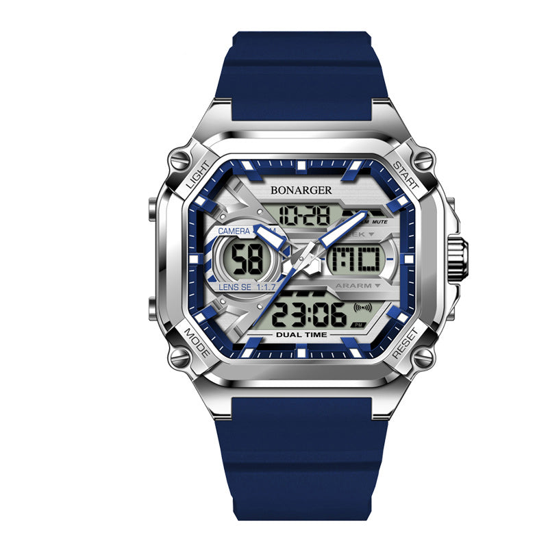 Blue men's dual display digital and analog waterproof sports watch by Hlpmedical, showing dual time and sporty design.