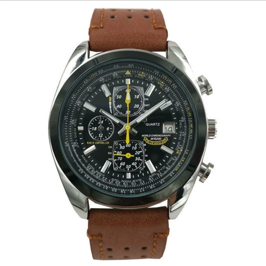 Elegant men's Hlpmedical brown leather watch with black dial, quartz chronograph, 42mm case, and perpetual calendar.
