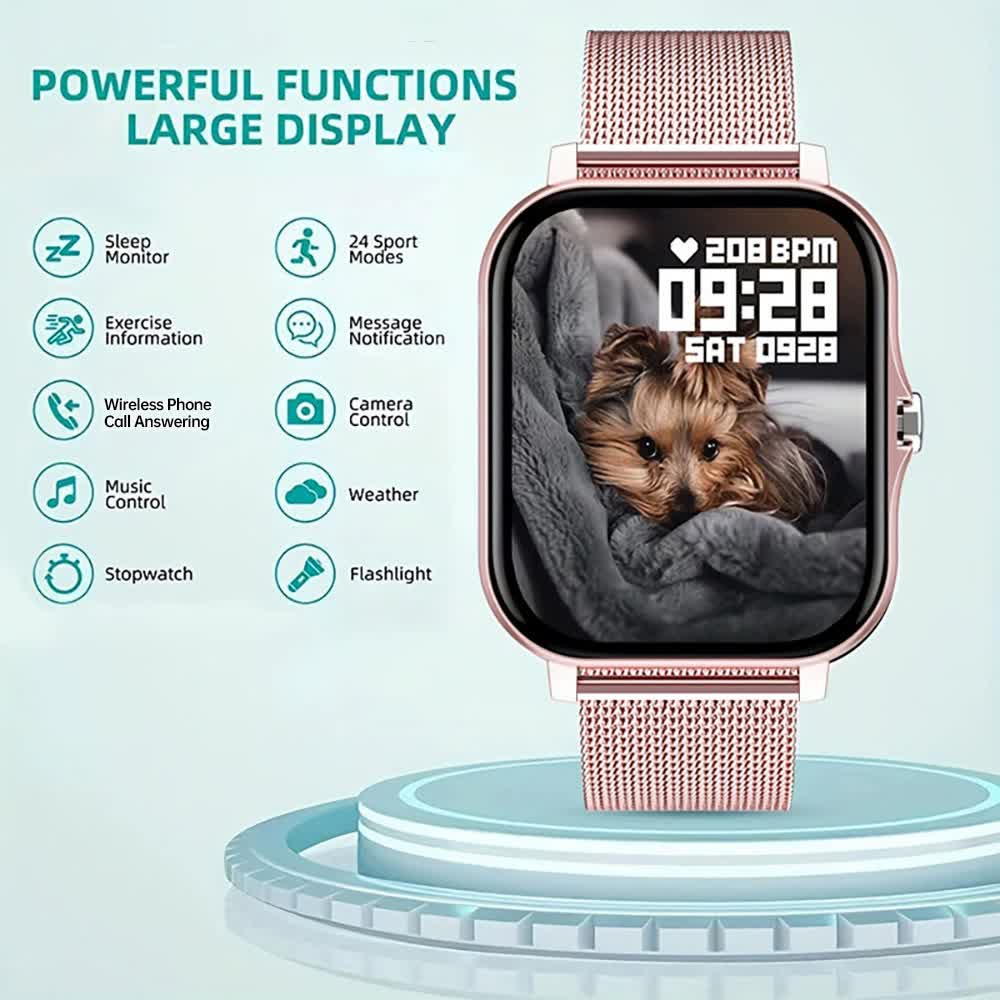 Gold smart fitness watch with large display, 24 sport modes, and heart rate monitor, designed for men's fashion by Hlpmedical.