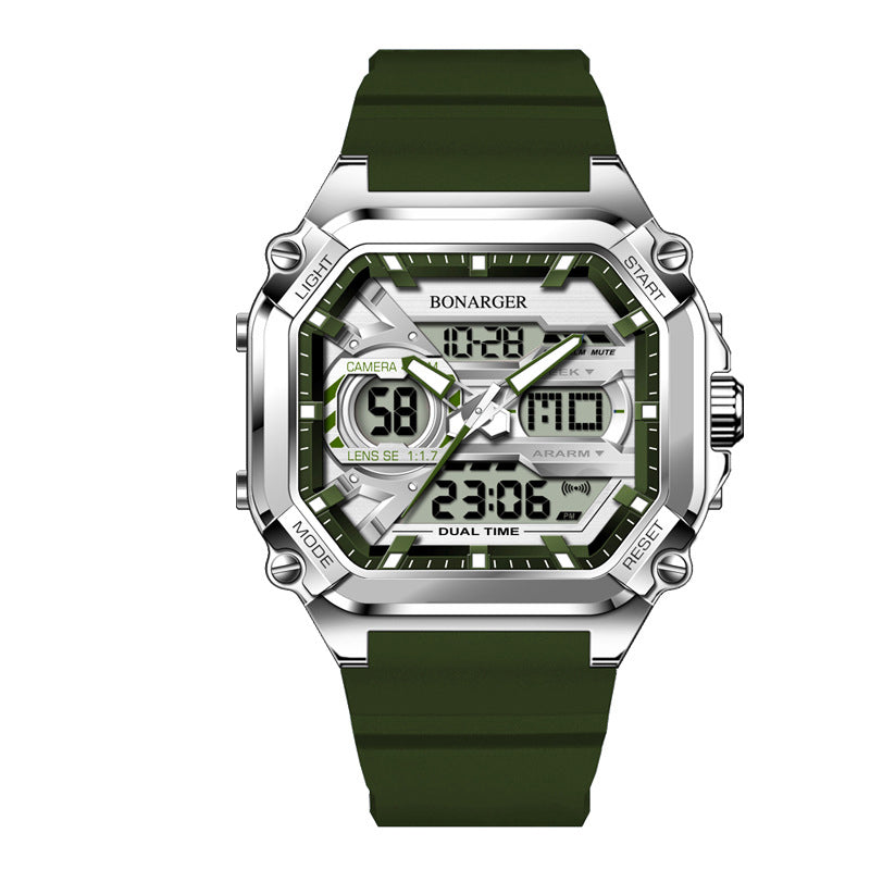 Green men's dual display watch by Hlpmedical featuring digital and analog time, waterproof design, ideal for sports and everyday wear.
