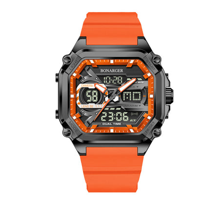 Orange men's dual display digital and analog sports watch by Hlpmedical, waterproof and suitable for active wear.