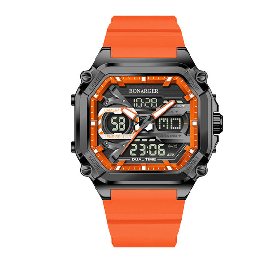 Orange men's dual display digital and analog sports watch by Hlpmedical, waterproof and suitable for active wear.