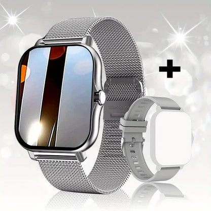 Silver steel bracelet men's smartwatch with large display, silicone strap, heart rate monitor, and 24 sport modes.