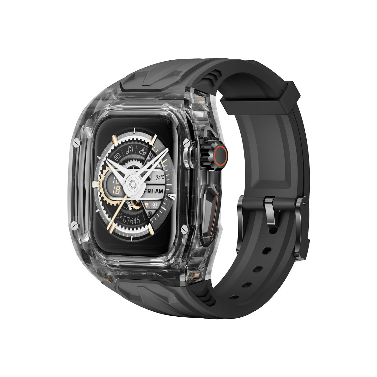 Transparent PC and TPU sports watch strap with raised edge protection for smart watches, compatible with wireless charging, black.