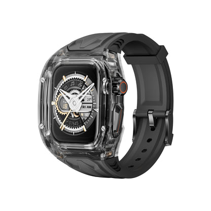 Transparent PC and TPU sports watch strap with raised edge protection for smart watches, compatible with wireless charging, black.