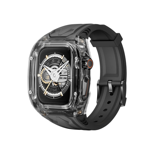 Transparent PC and TPU sports watch strap with raised edge protection for smart watches, compatible with wireless charging, black.