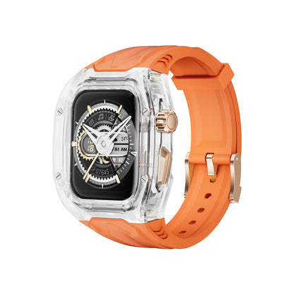 Orange transparent PC and TPU sports watch strap and case for smart watches with raised edge protection and wireless charging compatibility.
