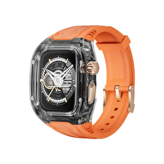 Transparent PC and TPU sports watch strap and case for smart watches, with raised edge protection, wireless charging compatible, orange black.