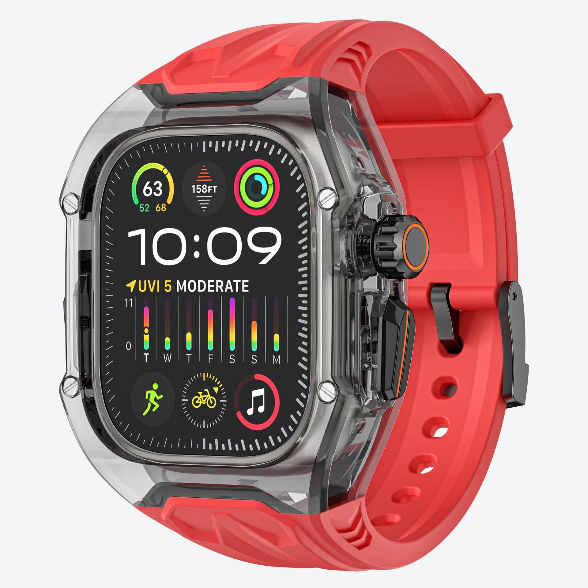 Transparent PC and TPU sports watch strap and case in red and black for smartwatches with raised edge protection and wireless charging compatibility.
