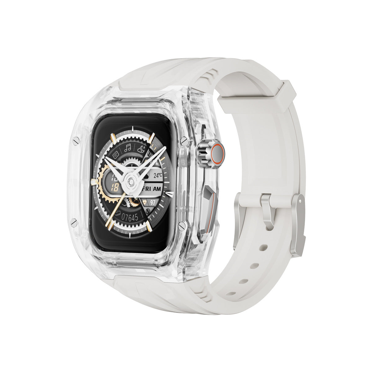 White and transparent PC+TPU sports watch strap and case for smart watches with raised edge protection, compatible with wireless charging.