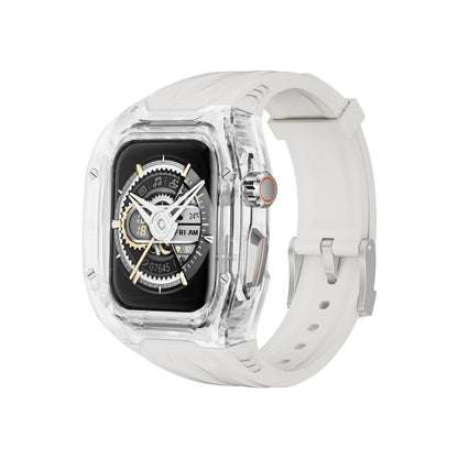 White and transparent PC+TPU sports watch strap and case for smart watches with raised edge protection, compatible with wireless charging.