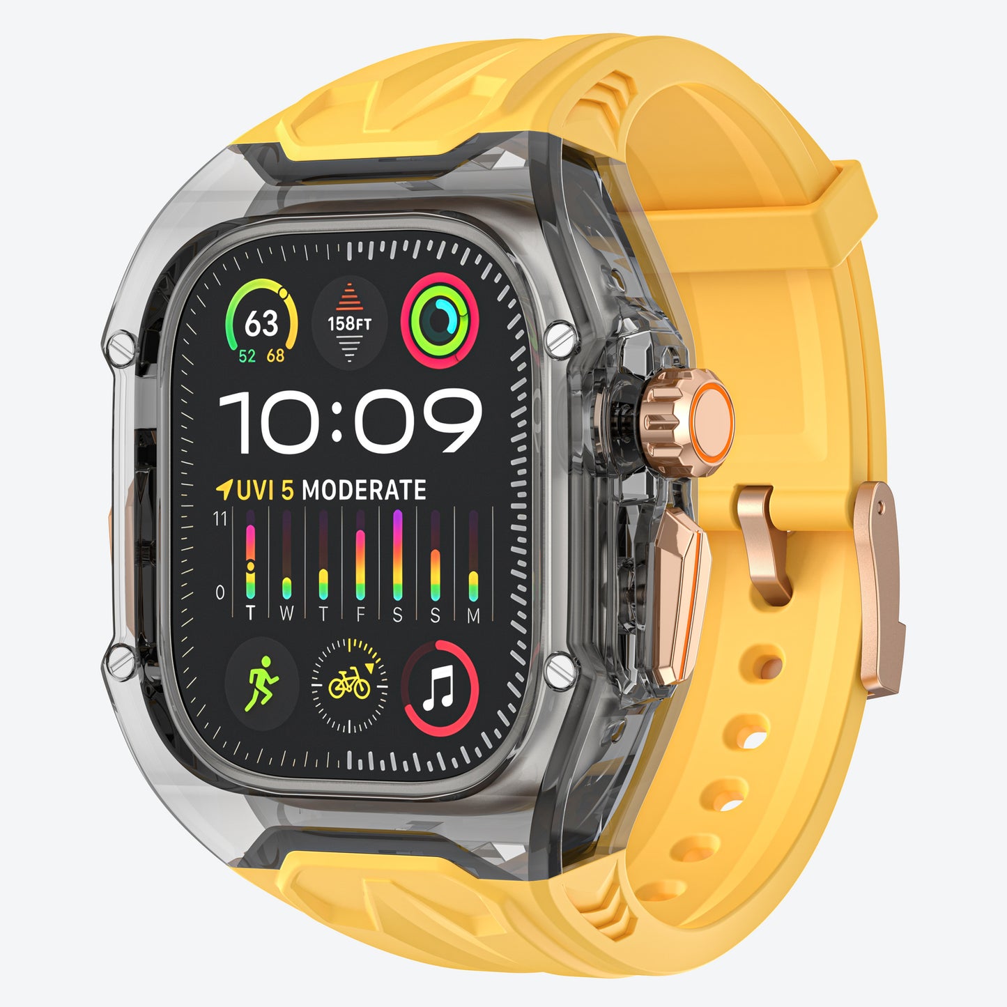 Transparent yellow and black PC+TPU sports watch strap and case for smart watches with raised edge protection and wireless charging compatibility.
