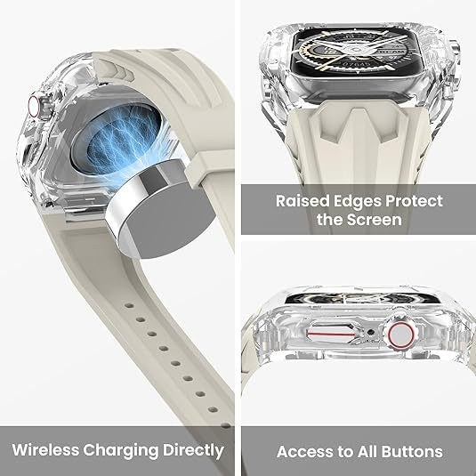 Transparent PC and TPU sports watch strap and case for smart watches with raised edge protection in yellow and black, wireless charging compatible.