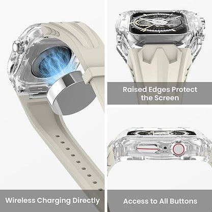 Transparent PC and TPU sports watch strap and case for smart watches with raised edge protection in yellow and black, wireless charging compatible.