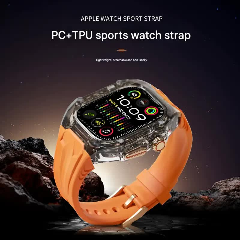 Transparent yellow and black PC+TPU sports watch strap and case for smart watches, with raised edge protection and wireless charging compatibility.