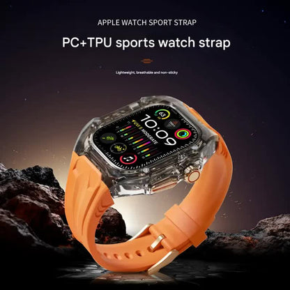 Transparent yellow and black PC+TPU sports watch strap and case for smart watches, with raised edge protection and wireless charging compatibility.