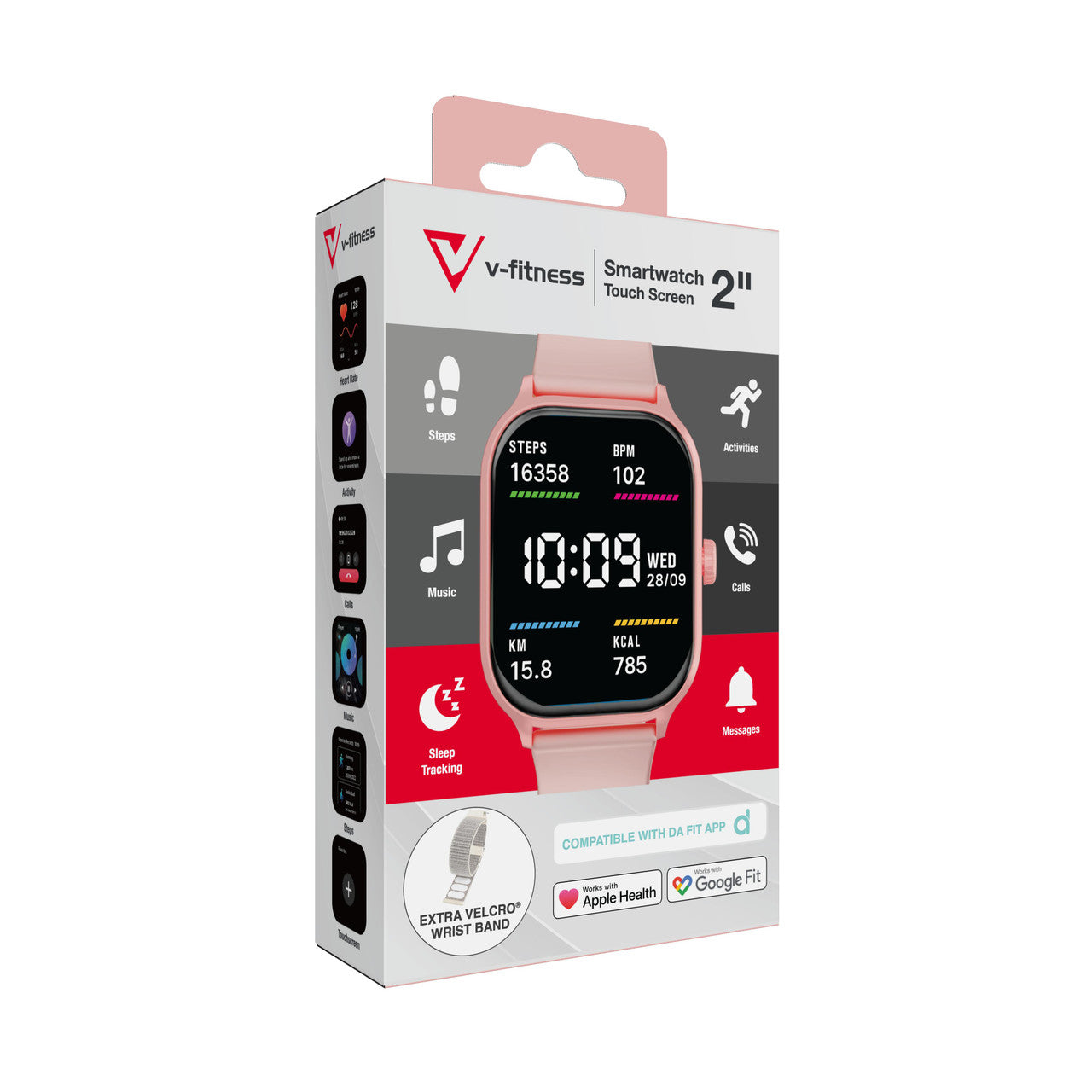 Hlpmedical V-Fitness smart watch with 2-inch touch screen in pink, men's fashion wristwatch with digital display and fitness features.