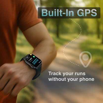 Hlpmedical V-Fitness Smart Watch with GPS and 2.1-inch display, black men's fashion watch showing digital screen and sleek design.