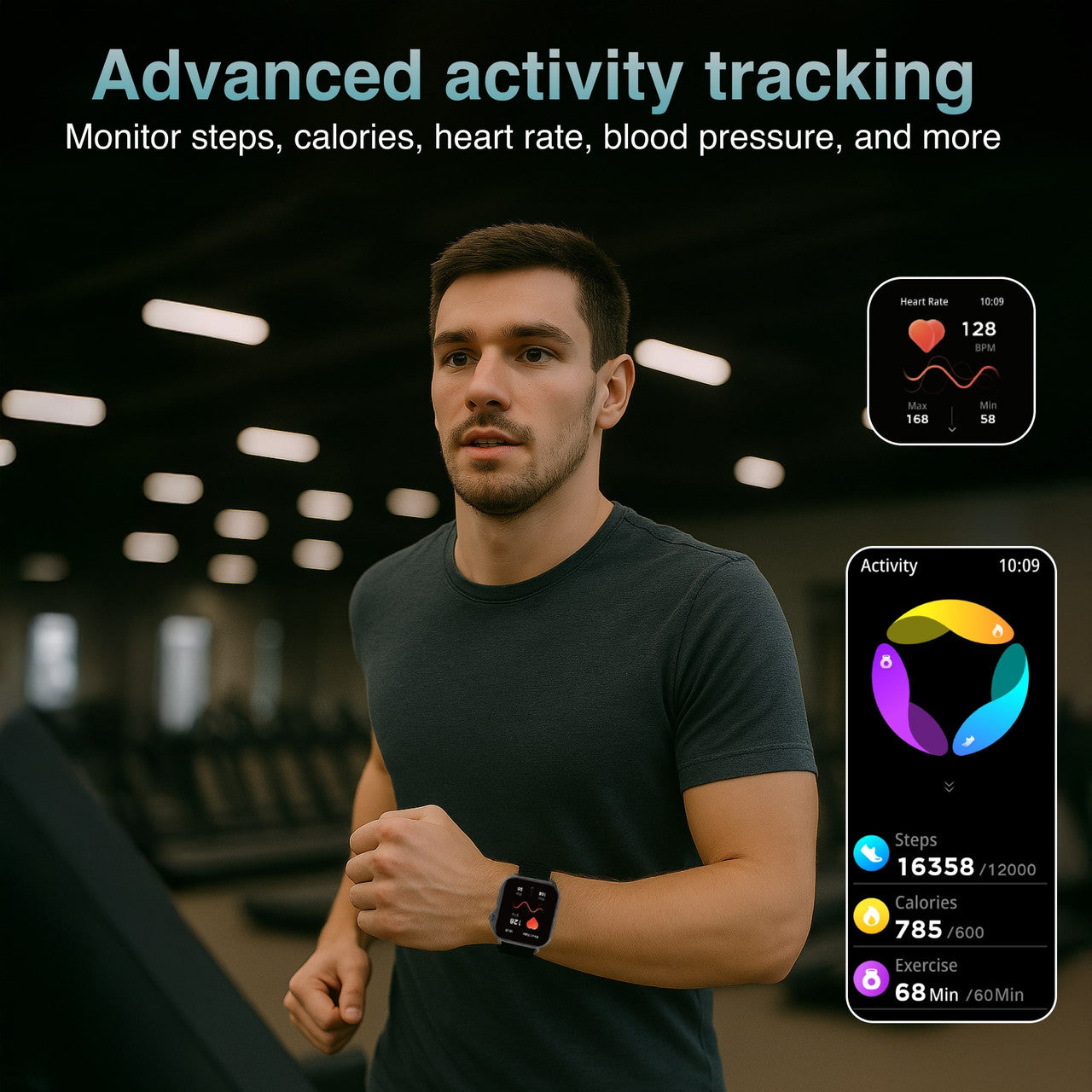 Hlpmedical V-Fitness smart watch with GPS and 2.1-inch black display, men's fashion watch showing digital screen and strap