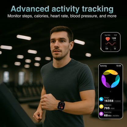 Hlpmedical V-Fitness smart watch with GPS and 2.1-inch black display, men's fashion watch showing digital screen and strap