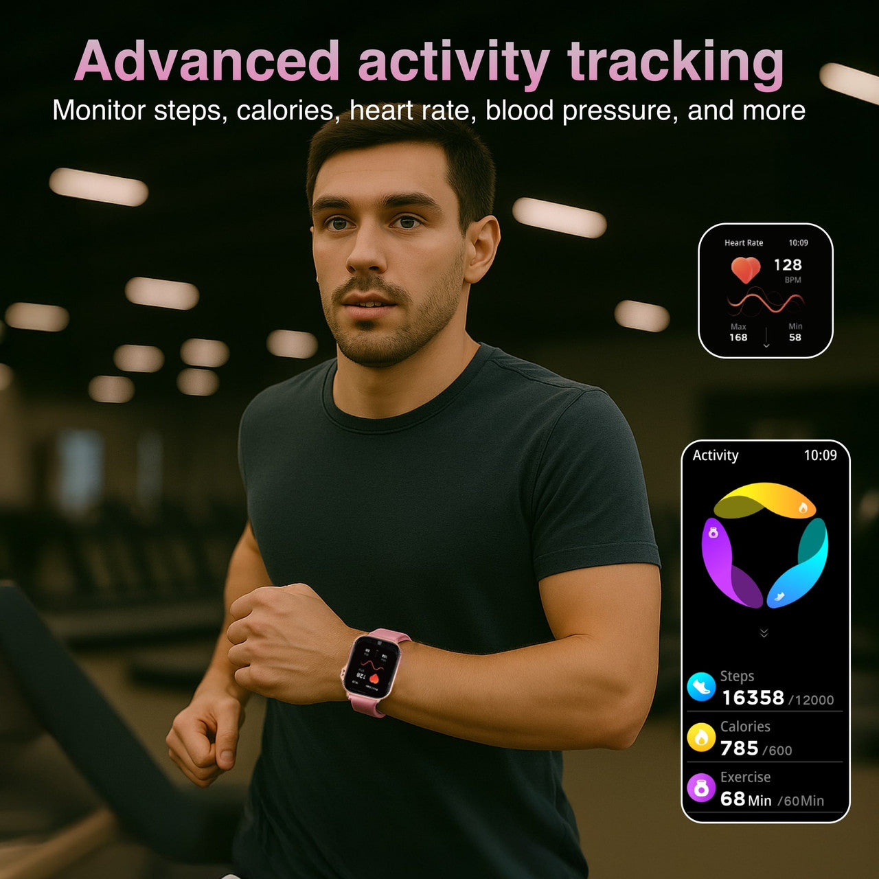 Hlpmedical V-Fitness Smart Watch with GPS, 2.1-inch pink display, men's fashion watch, stylish and functional timepiece.