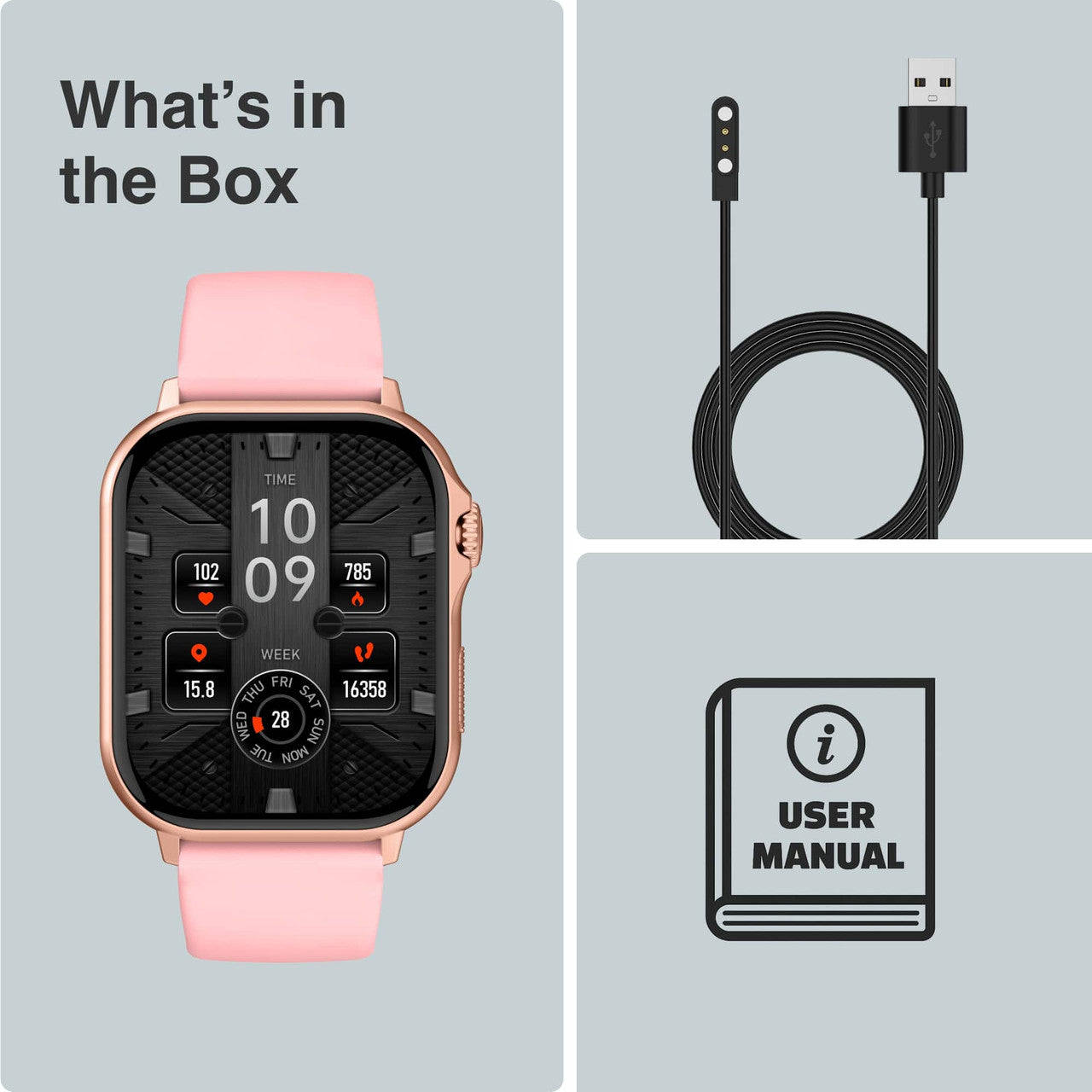 Hlpmedical V-Fitness Smart Watch for men with GPS, 2.1-inch pink display, stylish men's wristwatch for fitness and fashion.