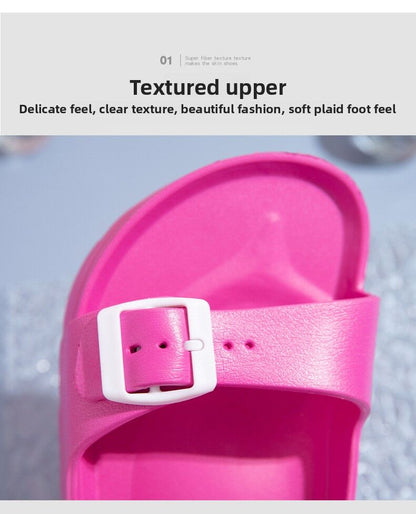 Hlpmedical pink slide sandals with thick sole, buckle detail, EVA material, non-slip sole, casual Birkenstock style for women.