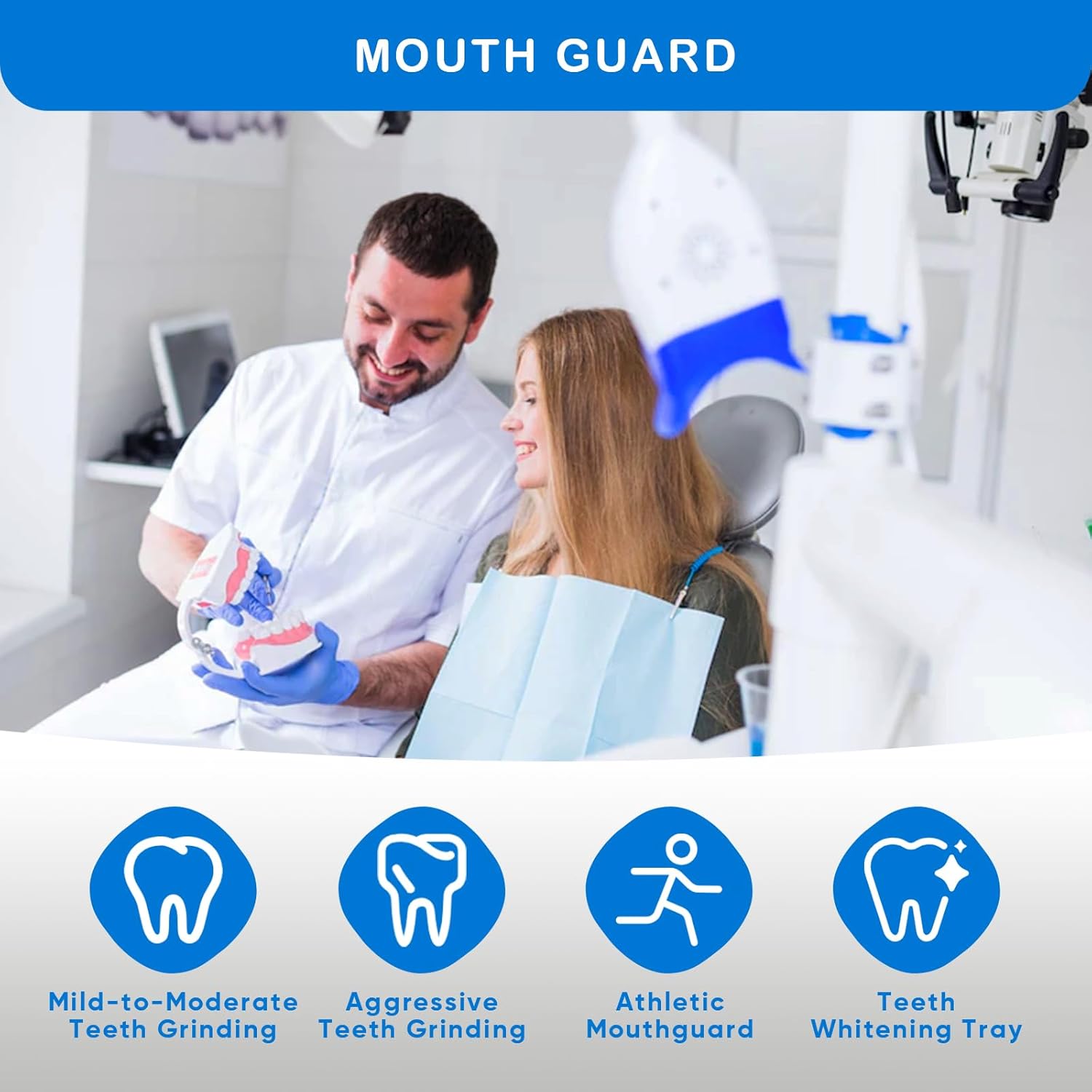 Moldable dental mouth guards for teeth grinding, Hlpmedical 4-pack, designed for night sleeping, shown with the product packaging.