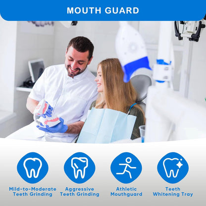 Moldable dental mouth guards for teeth grinding, Hlpmedical 4-pack, designed for night sleeping, shown with the product packaging.