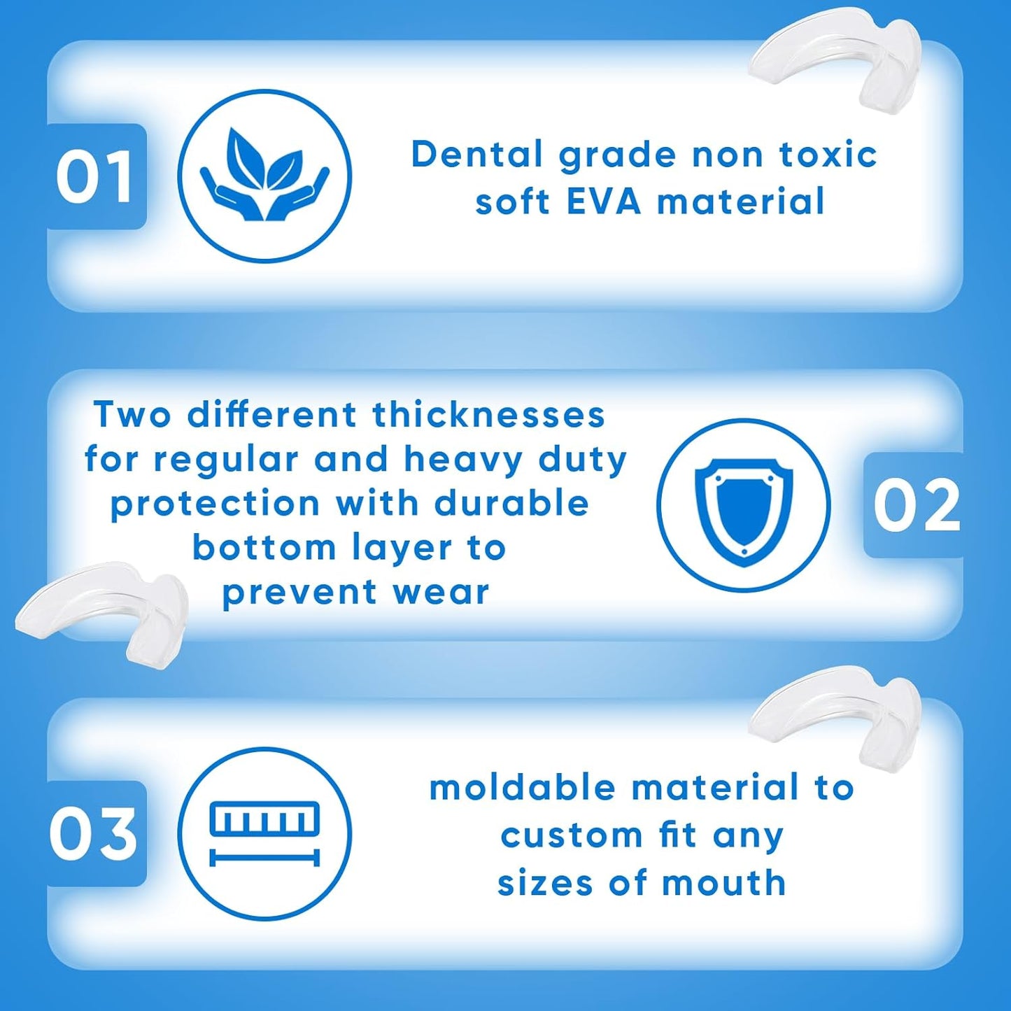 Hlpmedical moldable dental mouth guard for teeth grinding, suitable for night sleeping, shown in a 4-pack.