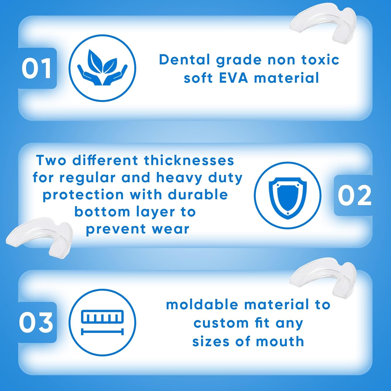 Hlpmedical moldable dental mouth guard for teeth grinding, suitable for night sleeping, shown in a 4-pack.