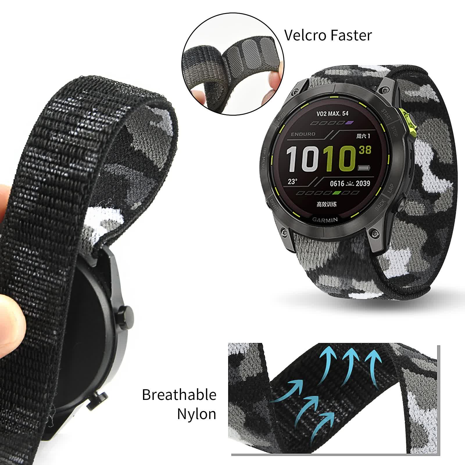 Nylon watch band for Garmin Enduro 2, Fenix 6X, and Epix Gen 2 smart watches, lightweight and adjustable in black and gray.