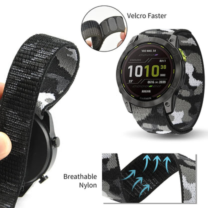 Nylon watch band for Garmin Enduro 2, Fenix 6X, and Epix Gen 2 smart watches, lightweight and adjustable in black and gray.