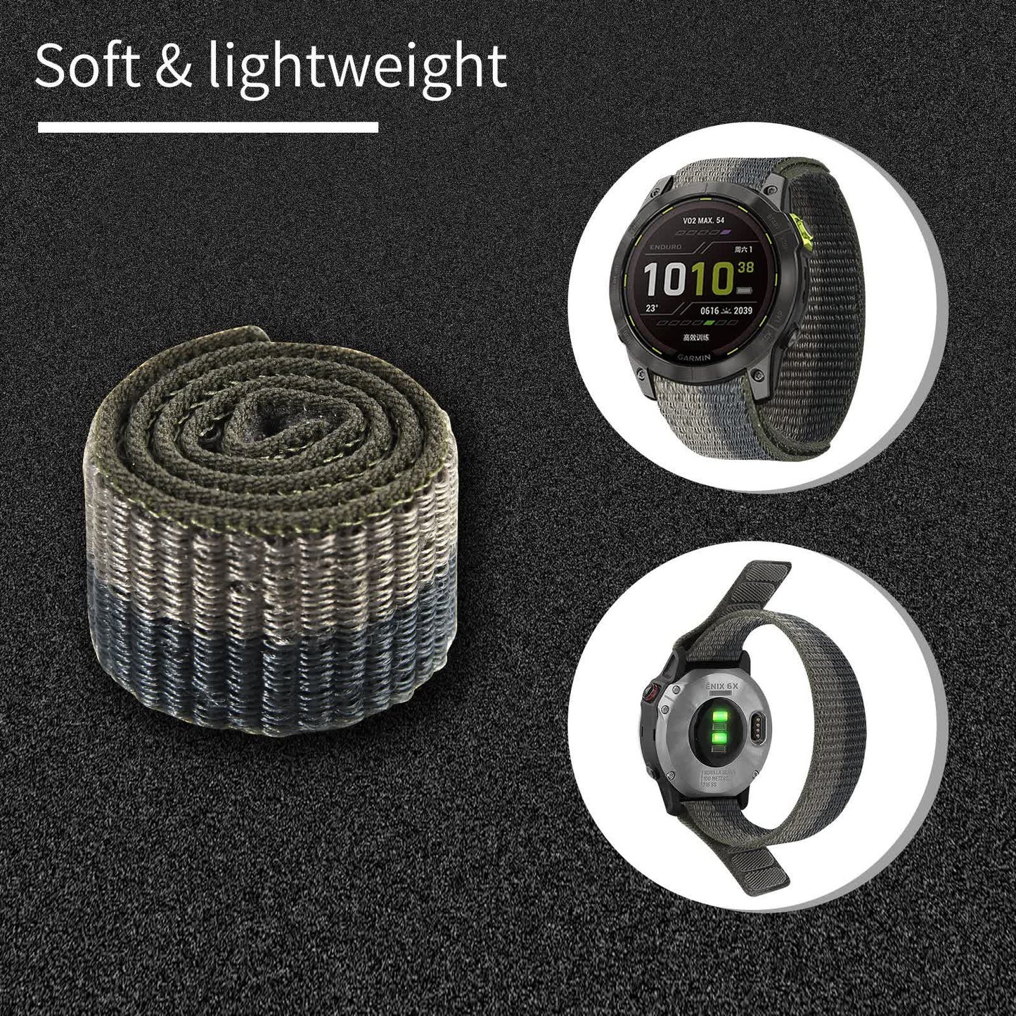 Nylon watch band for Garmin Enduro 2, Fenix 6X, Fenix 6 Pro, and Epix Gen 2 smartwatches in 26mm and 22mm sizes.