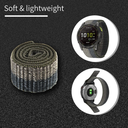 Nylon watch band for Garmin Enduro 2, Fenix 6X, Fenix 6 Pro, and Epix Gen 2 smartwatches in 26mm and 22mm sizes.
