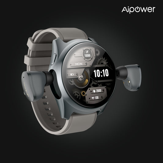 Hlpmedical Aipower Smart Watch with earbuds, black fitness tracker with pop-up headphones, 4G music, and fitness features.