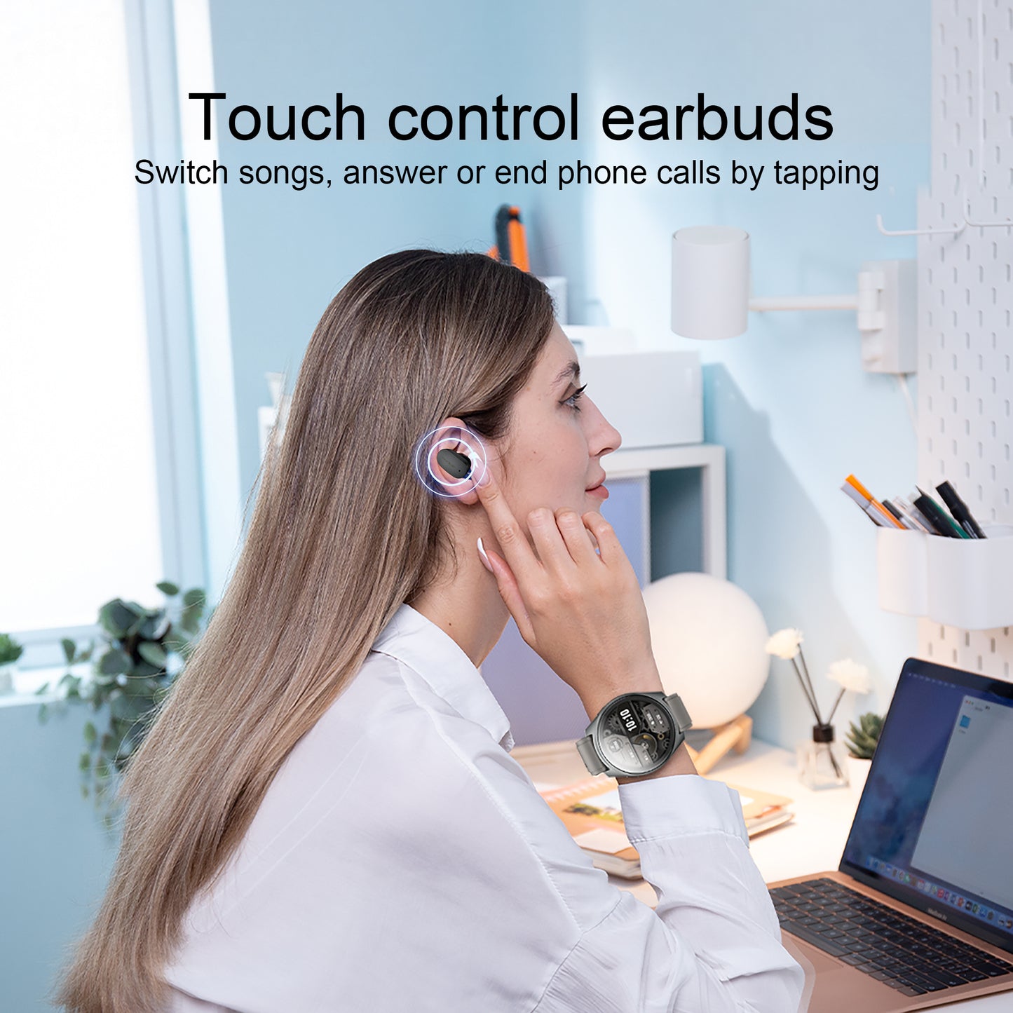 Aipower W28 Pro smart watch with pop-up earbuds, 4G connectivity, fitness tracker, and music features for women's fashion.