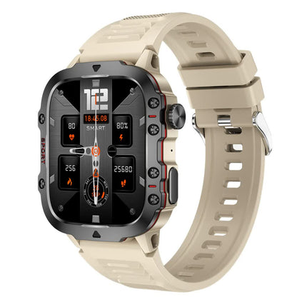 Beige rugged smart fitness watch by Hlpmedical with waterproof design, multi-sport modes, and health tracking for women.