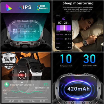 Beige rugged smart fitness watch by Hlpmedical with waterproof design, multi-sport modes, and health tracking features.
