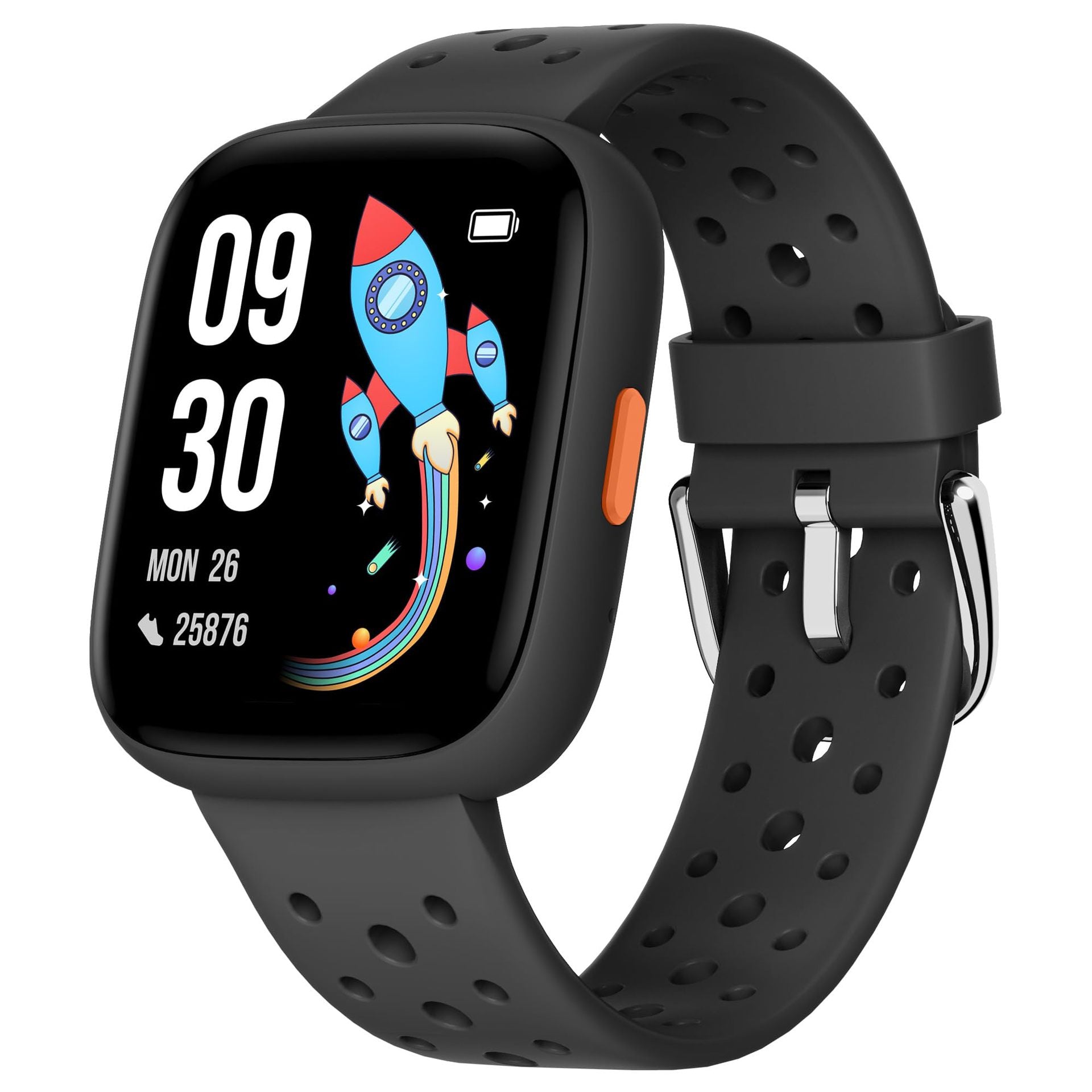 Black kids' smart watch with fitness tracker, heart rate monitor, 14 sport modes, waterproof design, suitable for boys and girls.