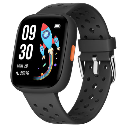 Black kids' smart watch with fitness tracker, heart rate monitor, 14 sport modes, waterproof design, suitable for boys and girls.