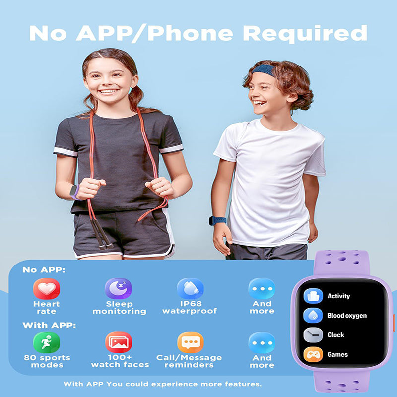 Black kids' smart watch with fitness tracker, heart rate monitor, and 14 sport modes, waterproof design for boys and girls.