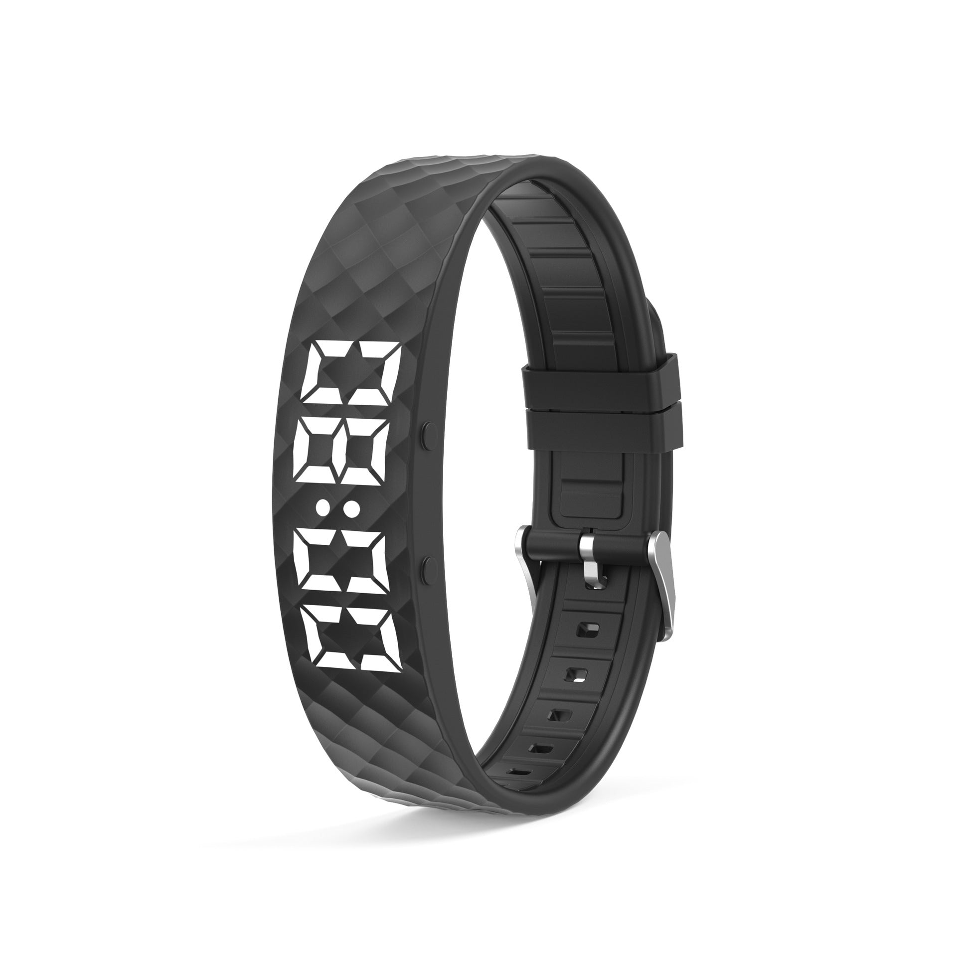Black smart vibrating alarm watch by Hlpmedical, digital fitness tracker with pedometer and sleep monitor on a women's wrist.
