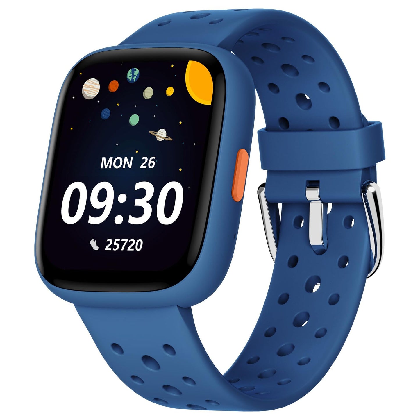 Blue kids' smart watch by Hlpmedical with fitness tracker, pedometer, heart rate monitor, and waterproof design for boys and girls.