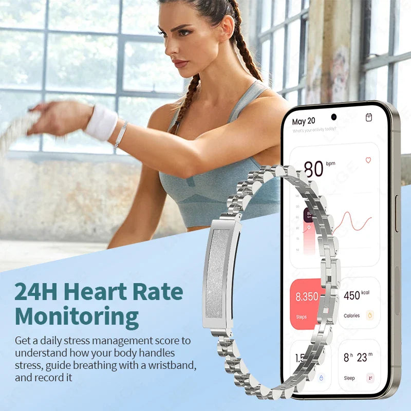 Silver No-Screen Smart Watch for women by Hlpmedical, stylish fashion accessory with a sleek design and digital display.